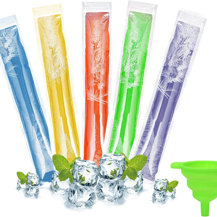 100 Pcs Disposable Ice Popsicle Mold Bags, Food Grade Freezie Sleeves Bags with Silicone Funnel, Pop Molds Bag for Fruit Snacks Yogurt Sticks Juice Smoothies Candy, Zip Seals, BPA Free.