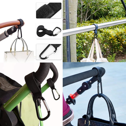 Baby Stroller Hooks, 2 PCS Leather Heavy Duty Mommy Hook with Adjustable Strap for Hanging Diaper Bag, Stroller Organizer, Groceries on Buggy Pushchair (Black).
