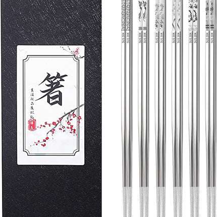 Stainless Steel Chopsticks, Reusable Metal Chopsticks Square Lightweight Chop Sticks Set Dishwasher Safe - 6 Pairs (Silver).
