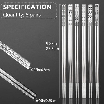 Stainless Steel Chopsticks, Reusable Metal Chopsticks Square Lightweight Chop Sticks Set Dishwasher Safe - 6 Pairs (Silver).