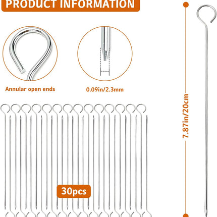 30 Pcs Kebab Skewers, 7.9 Inch Stainless Steel Barbeque Skewers with Ring-Tip Handle, Reusable BBQ Grilling Kabob Skewer for Chicken, Fruit, Vegetable, Meat.