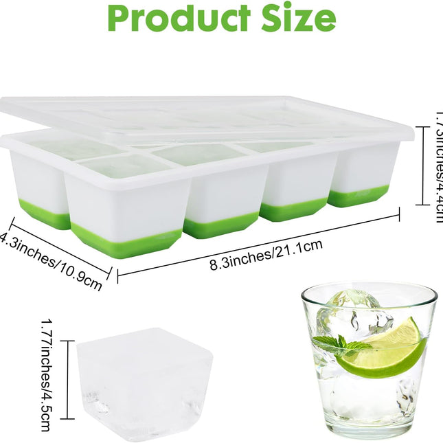 Ice Cube Tray, 2 Pack Large Ice Cube Molds with Lid, Reusable 8-Ice Cube Molds with Bottom Silicone for Freezer, Juices, Whiskey, Cocktails, Coffee (Green).