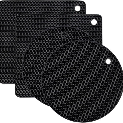 4 Pack Silicone Trivet Mats, Heat Resistant Pot Holders Non-Slip Hot Pads for Kitchen, Silicone Trivets for hot pots 2 Square and 2 Round Mats (Black).