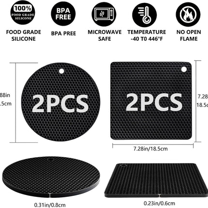 4 Pack Silicone Trivet Mats, Heat Resistant Pot Holders Non-Slip Hot Pads for Kitchen, Silicone Trivets for hot pots 2 Square and 2 Round Mats (Black).