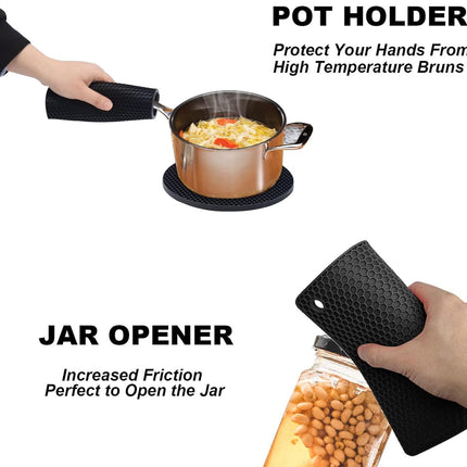 4 Pack Silicone Trivet Mats, Heat Resistant Pot Holders Non-Slip Hot Pads for Kitchen, Silicone Trivets for hot pots 2 Square and 2 Round Mats (Black).