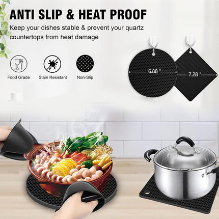 4 Pack Silicone Trivet Mats, Heat Resistant Pot Holders Non-Slip Hot Pads for Kitchen, Silicone Trivets for hot pots 2 Square and 2 Round Mats (Black).