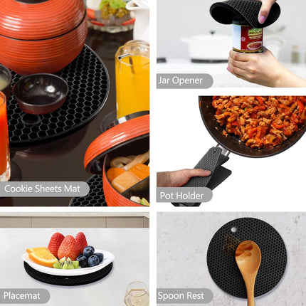 4 Pack Silicone Trivet Mats, Heat Resistant Pot Holders Non-Slip Hot Pads for Kitchen, Silicone Trivets for hot pots 2 Square and 2 Round Mats (Black).