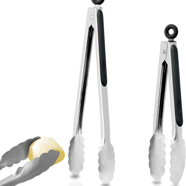 2 Pack Kitchen Tongs, 9" and 12" Stainless Steel Cooking Tongs, Non-Slip Heat Resistant Handle Heavy Duty Food Locking Tongs.