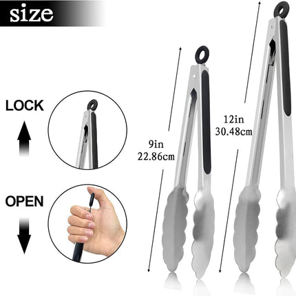 2 Pack Kitchen Tongs, 9" and 12" Stainless Steel Cooking Tongs, Non-Slip Heat Resistant Handle Heavy Duty Food Locking Tongs.