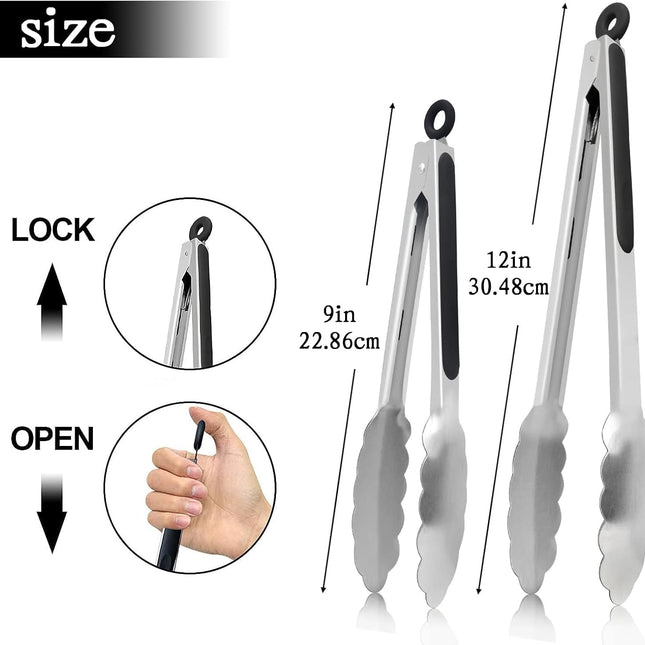 2 Pack Kitchen Tongs, 9" and 12" Stainless Steel Cooking Tongs, Non-Slip Heat Resistant Handle Heavy Duty Food Locking Tongs.