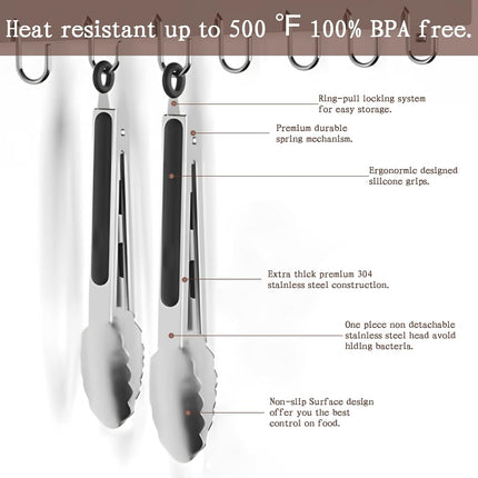 2 Pack Kitchen Tongs, 9" and 12" Stainless Steel Cooking Tongs, Non-Slip Heat Resistant Handle Heavy Duty Food Locking Tongs.