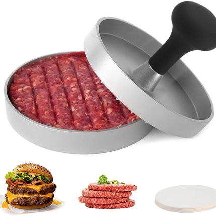 Hamburger Press Patty Maker, 4.6 in Food Grade Aluminum Burger Press, Non-Stick, with 100 Pcs Wax Paper, for Grilling and Cooking.
