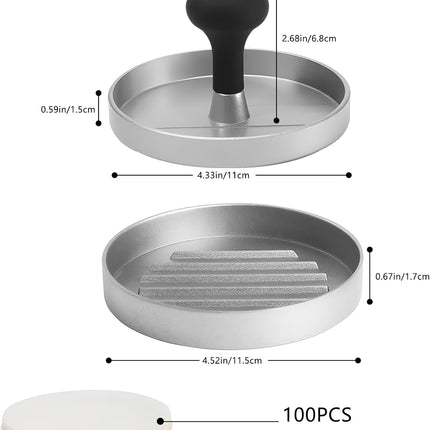 Hamburger Press Patty Maker, 4.6 in Food Grade Aluminum Burger Press, Non-Stick, with 100 Pcs Wax Paper, for Grilling and Cooking.