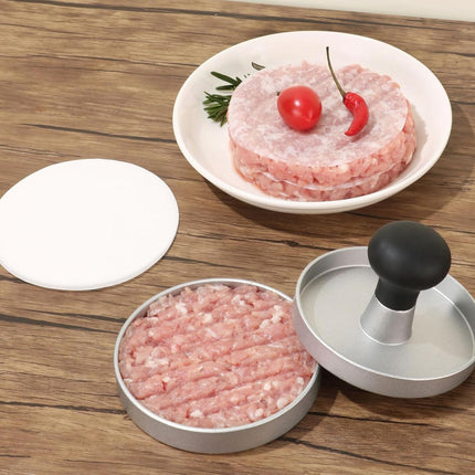 Hamburger Press Patty Maker, 4.6 in Food Grade Aluminum Burger Press, Non-Stick, with 100 Pcs Wax Paper, for Grilling and Cooking.
