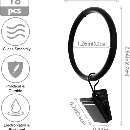 18 Pcs Curtain Rings with Clips, Drapes Rings 1.26 inch, Rustproof Metal Curtain Rings for Holding Curtains Rod Set and Drapes.