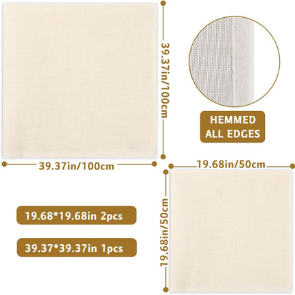 Cheese Cloths,100% Cotton Reusable Cheesecloth with Closed Edges, 2 Pcs 50 x 50cm and 1 Pcs 100 x 100cm Unbleached Muslin Cloth Mesh Fabric Filter for Straining, Cooking, Juice, Cheese Making.