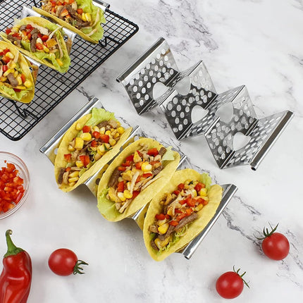 Taco Holders Taco Stand, 8 Packs Stainless Steel Taco Stand Rack Tray Hollow Corn Holders Can Hold 2 or 3 Shells Tacos.