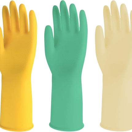 3 Pairs Rubber Cleaning Gloves for Household, Reusable Extra Thick Dishwashing Gloves Waterproof Non-Slip Gloves for Kitchen (Large, Beige+Yellow+Green）.