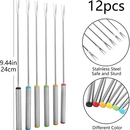 12 Pieces Fondue Forks, Stainless Steel Fondue Forks Roasting Sticks 24cm Fondue Skewers with Heat Resistant Handle for Cheese Chocolate Fondue Roast Marshmallows Meat.
