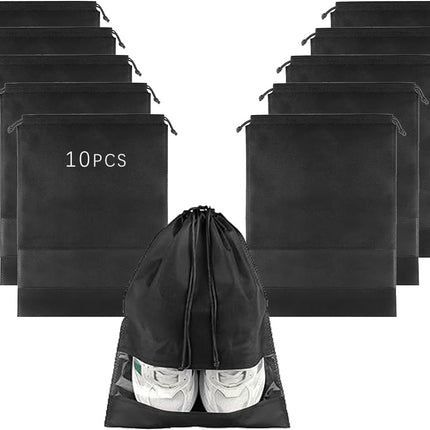 10-Pack Black Non-Woven Shoe Bags, 12.6"x17.3" Breathable Reusable Dustproof Storage Organizers for Travel, Closet, Boots & Seasonal Shoe Protection (10).