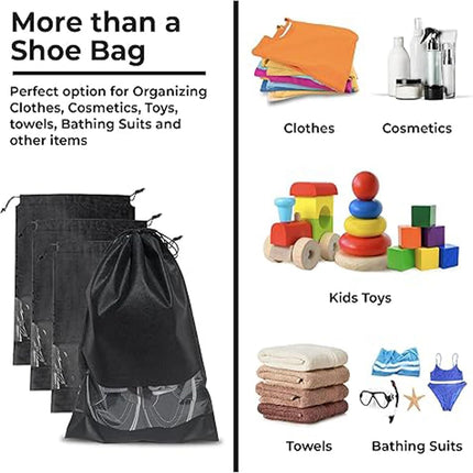 10-Pack Black Non-Woven Shoe Bags, 12.6"x17.3" Breathable Reusable Dustproof Storage Organizers for Travel, Closet, Boots & Seasonal Shoe Protection (10).