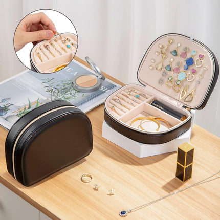 Travel Size Jewelry Box, Small Portable Seashell-shaped Jewelry Case, 2 Layer Mini Jewelry Organizer in PU Leather, Earring Necklace Bracelet Ring Holder Box for Women Girl -Black.