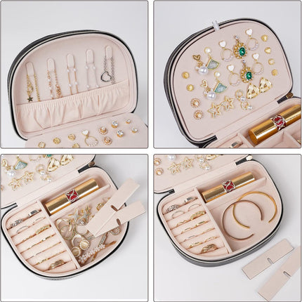 Travel Size Jewelry Box, Small Portable Seashell-shaped Jewelry Case, 2 Layer Mini Jewelry Organizer in PU Leather, Earring Necklace Bracelet Ring Holder Box for Women Girl -Black.