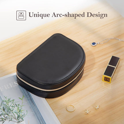 Travel Size Jewelry Box, Small Portable Seashell-shaped Jewelry Case, 2 Layer Mini Jewelry Organizer in PU Leather, Earring Necklace Bracelet Ring Holder Box for Women Girl -Black.