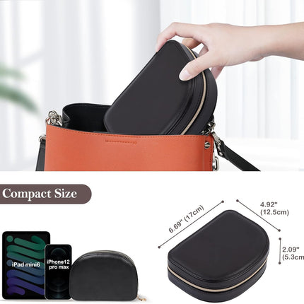 Travel Size Jewelry Box, Small Portable Seashell-shaped Jewelry Case, 2 Layer Mini Jewelry Organizer in PU Leather, Earring Necklace Bracelet Ring Holder Box for Women Girl -Black.