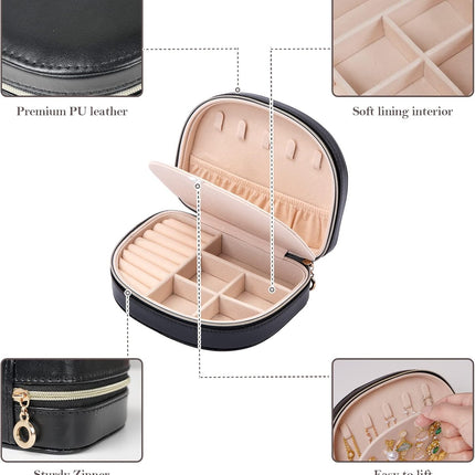 Travel Size Jewelry Box, Small Portable Seashell-shaped Jewelry Case, 2 Layer Mini Jewelry Organizer in PU Leather, Earring Necklace Bracelet Ring Holder Box for Women Girl -Black.
