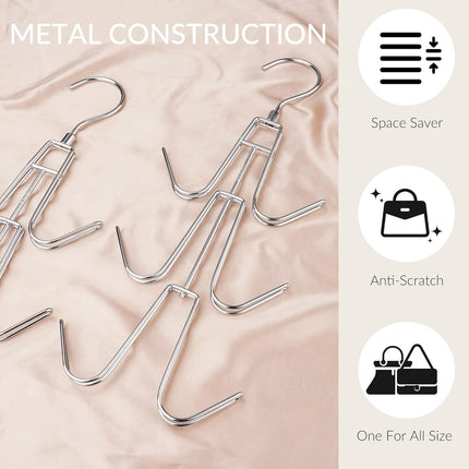 Purse Hanger Organizer for Closet, Hanging Bag Holder, Keeping Purses Visible and in Good Condition, Metal Handbag Storage Hook Backpack Rack Space Saving Hanger, Silver.