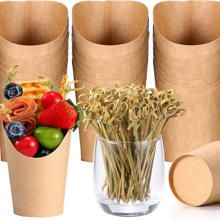 Charcuterie Cups with Cocktail Picks, 12 OZ Paper Appetizer Cups 24 Pcs with 4.7 Inch Bamboo Knot Skewers 100 Pcs, French Fries Holder Cones Brown, Party Supplies.