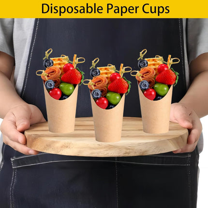 Charcuterie Cups with Cocktail Picks, 12 OZ Paper Appetizer Cups 24 Pcs with 4.7 Inch Bamboo Knot Skewers 100 Pcs, French Fries Holder Cones Brown, Party Supplies.