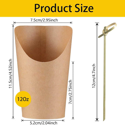 Charcuterie Cups with Cocktail Picks, 12 OZ Paper Appetizer Cups 24 Pcs with 4.7 Inch Bamboo Knot Skewers 100 Pcs, French Fries Holder Cones Brown, Party Supplies.