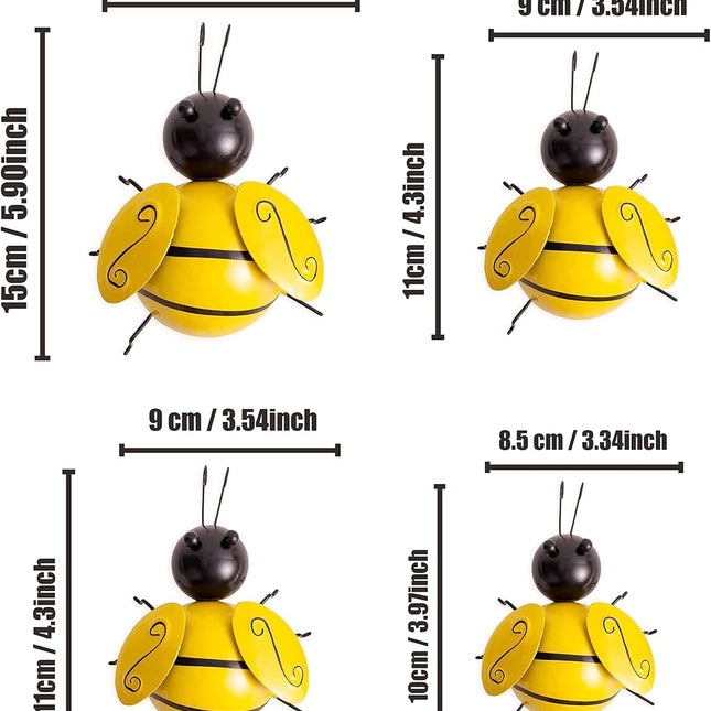 Metal Wall Art, 4PCS Metal Bumble Bee Wall Decor, 3D Iron Bee Art Sculpture Hanging Wall Decorations for Outdoor Home Garden.