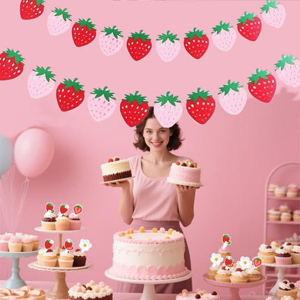4Pcs Strawberry Party Banner,Berry First Birthday Decor, Pink & Red Hanging Garland for Shower, Strawberry Themed Party Favors & Supplies.