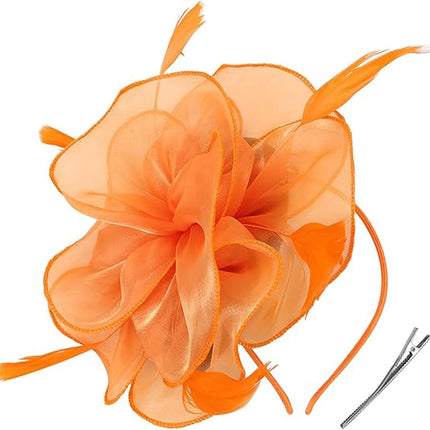 Fascinators Hat for Women Tea Party,Orange Feather Mesh Flower Fascinator with Headband and Clip Wedding Tea Party Derby Fascinator Hats.