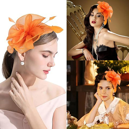 Fascinators Hat for Women Tea Party,Orange Feather Mesh Flower Fascinator with Headband and Clip Wedding Tea Party Derby Fascinator Hats.