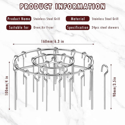 Air Fryer Barbecue Grill Vertical Barbecue Kebab, 24 Skewer Air Fryer Rack Round, 6 Inch Air Fryers Skewer Stand, With 24 Skewers, Multifunctional Grill for Cooking Kebabs (12 skewer).