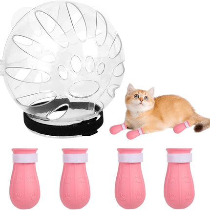 Cat Muzzle and Boots Set, Cat Transparent Muzzle Prevent from Cats Biting Chewing, Breathable Cat Adjustable Hood for Grooming, Adjustable Cat Anti-Scratch Foot Cover for Cats Bathing Nail Trimming.