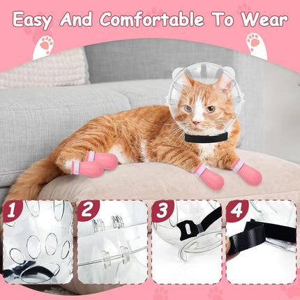 Cat Muzzle and Boots Set, Cat Transparent Muzzle Prevent from Cats Biting Chewing, Breathable Cat Adjustable Hood for Grooming, Adjustable Cat Anti-Scratch Foot Cover for Cats Bathing Nail Trimming.