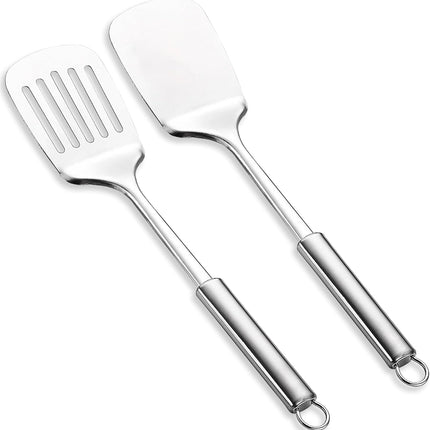 Stainless Steel Spatulas Set,  Silver Slotted Turner, Solid Turner, Heavy Duty Sturdy Kitchen Spatula High Heat Resistant, Ideal Cookware for Fish,Eggs,Pancakes, Dishwasher Safe, Easy to Clean.
