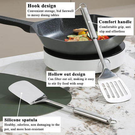 Stainless Steel Spatulas Set,  Silver Slotted Turner, Solid Turner, Heavy Duty Sturdy Kitchen Spatula High Heat Resistant, Ideal Cookware for Fish,Eggs,Pancakes, Dishwasher Safe, Easy to Clean.