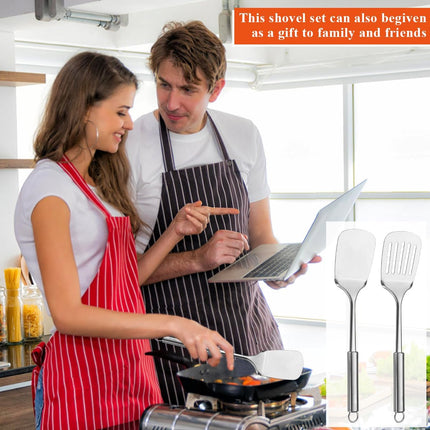 Stainless Steel Spatulas Set,  Silver Slotted Turner, Solid Turner, Heavy Duty Sturdy Kitchen Spatula High Heat Resistant, Ideal Cookware for Fish,Eggs,Pancakes, Dishwasher Safe, Easy to Clean.