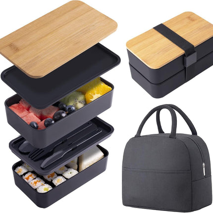 Japanese Bento Box with Bamboo Lid, Stackable Compartments, Food-Grade PP, Includes Insulated Bag for Office & Travel.