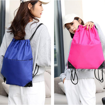 Drawstring Backpack Bag Waterproof Oxford Cloth Draw String Back Sack with Zip Pocket for Sports Traveling Outdoor.