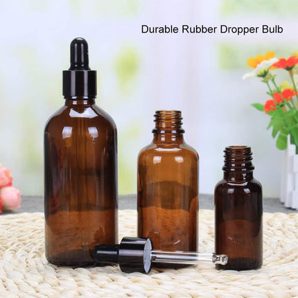 Compact Lightweight Tan Glass Dropper Bottle with Black Cap for Essential Oils and Perfume Travel.