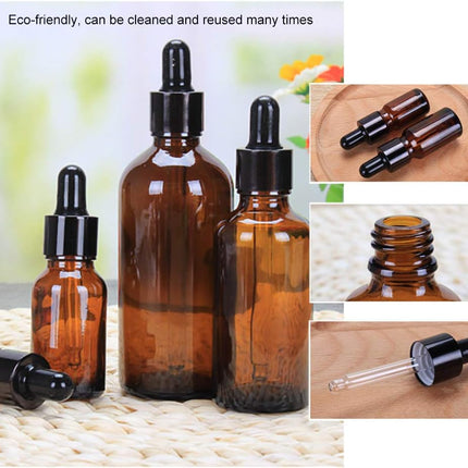 Compact Lightweight Tan Glass Dropper Bottle with Black Cap for Essential Oils and Perfume Travel.