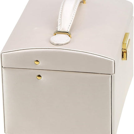 Three-Layer Jewelry Organizer Box with PU Handle, Lockable Display Case for Earrings, Necklaces, Rings – White.