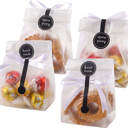 100 Pack Translucent Plastic Bags for Cookie,Cake,Chocolate,Candy,Snack Wrapping Good for Bakery Party with Stickers.